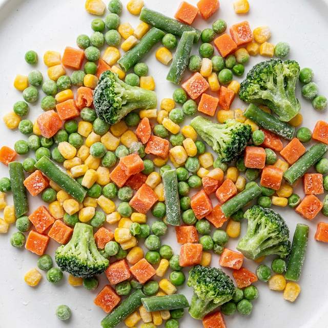 Export-grade IQF frozen vegetables including peas, corn, broccoli, and carrots